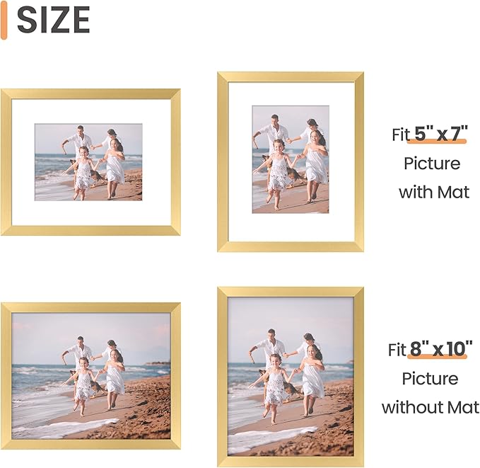 upsimples 8x10 Picture Frame Set of 10, Display Pictures 5x7 with Mat or 8x10 Without, Multi Photo Frames Collage for Wall or Tabletop Display, Gold