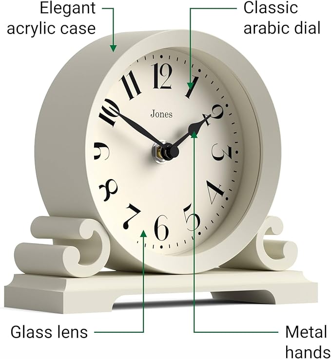 JONES CLOCKS® Saloon Mantel Clock | Small Traditional Double Scroll Design | Pale Cream | Contemporary Classic Style for Desk, Table, Shelf or Bedside