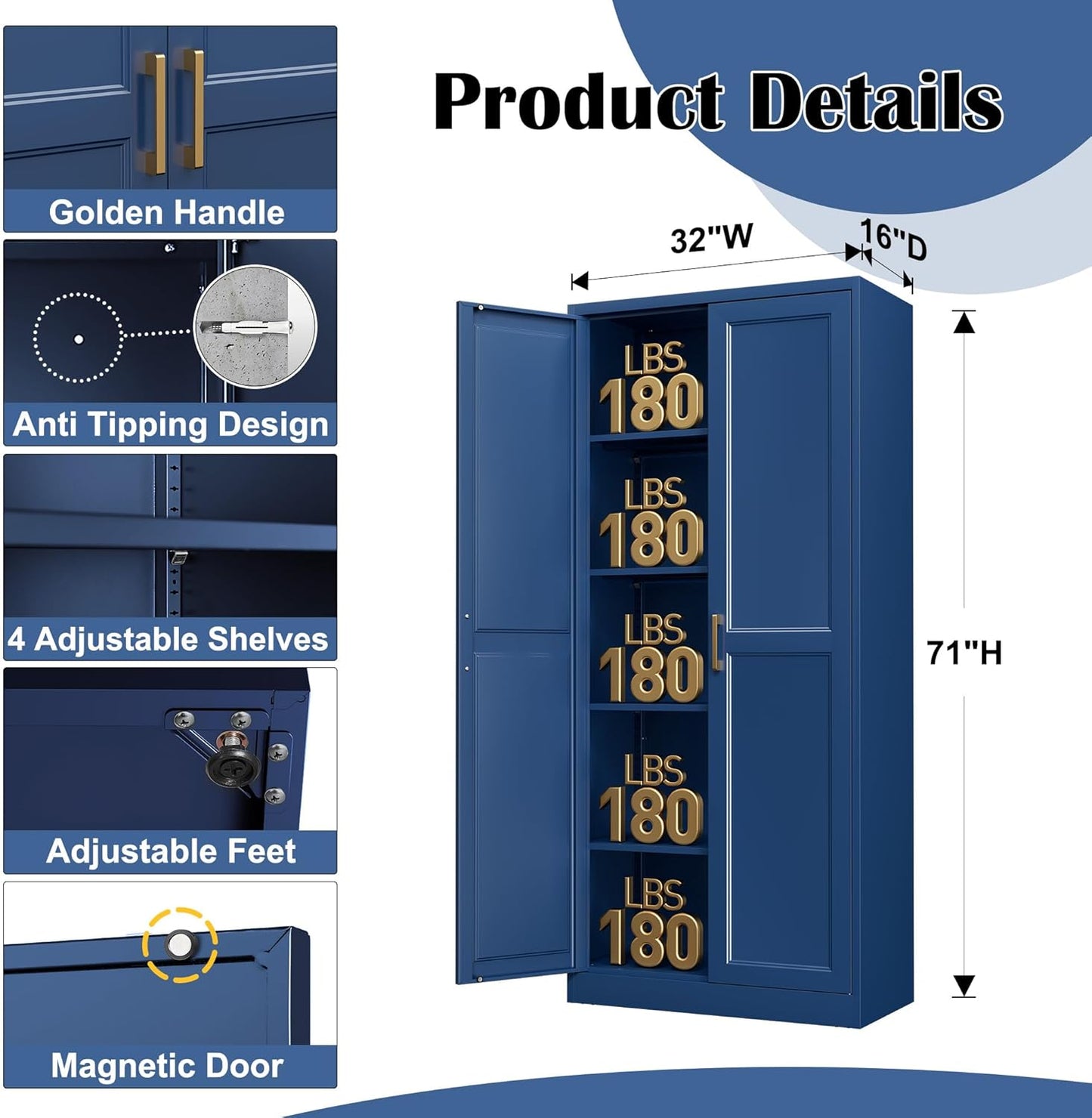 Kitchen Pantry Cabinet,71”Blue Metal Pantry Storage Cabinets with Doors and 4 Adjustable Shelves,Kitchen Cabinet with 2 Gold Handles,Tall Cabinet for Livingroom,