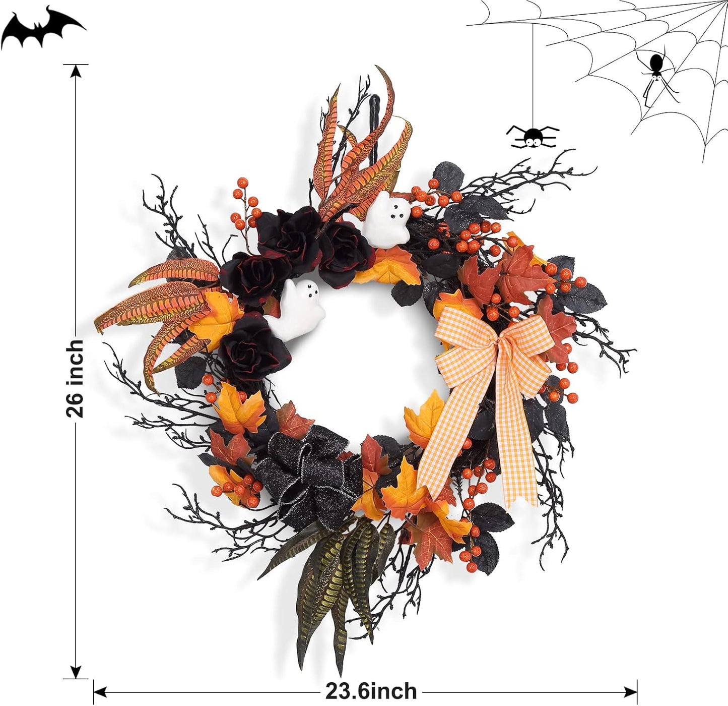 Adeeing 26 Inch Halloween Wreaths for Front Door, Halloween Decorations Ghost Wreath with Feathers Artificial Black Rose and Ribbon for Indoor Outdoor Home Party Decor
