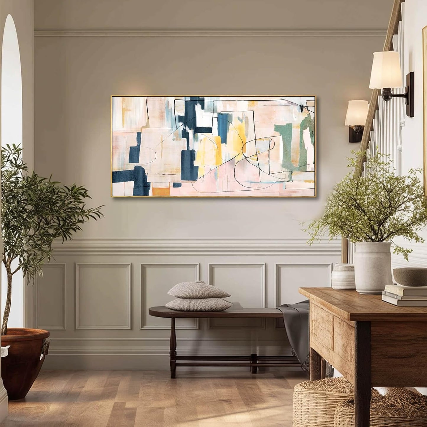 Large Abstract Canvas Wall Art Pink Painting Yellow Bedroom Decor Navy Art Photo Prints Minimalist Pictures Poster Artwork 20"x40"