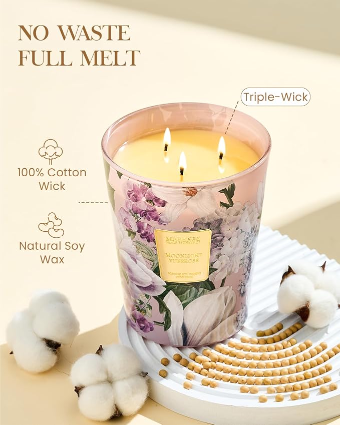 M&SENSE Moonlight Tuberose Soy Candle, 35oz 3 Wick, Night Self Care Gift | 150H Long Burn, Non-Toxic, Large Jar, Bathtub Relaxation, Bedroom Calm, Stress Relief, Meditation, Romantic Evening Candle