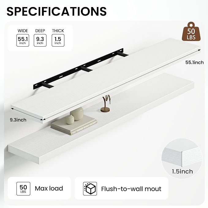 Heimlove 55 Inch Long Floating Shelves for Wall,9.3" Deep White Floating Shelves Set of 2,Large Display Shelf & Storage Shelf,Wall Mounted Shelves for Bedroom Living Room Kitchen Office