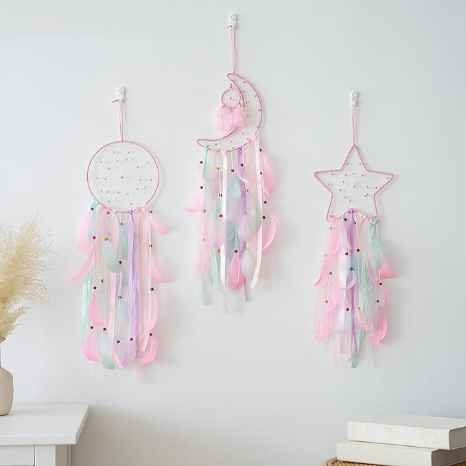 3 Pack Pink Star Moon Sun Dream Catcher - Pink Dream Catchers for Girls, Teen Girl Room Decor, Grils Bedroom Decoration