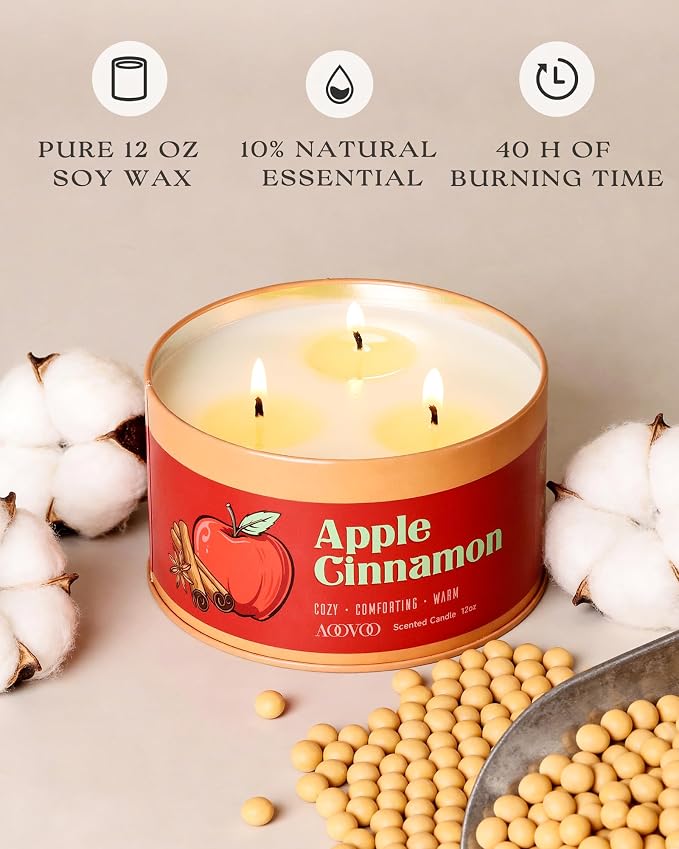 AOOVOO Apple Cinnamon Candle - 3 Wick 12oz Large Fall Candles, Soy Wax Strong Scented Candle Non Toxic, Long Lasting Aromatherapy Candle for Home, Autumn Candle Gift for Women Men
