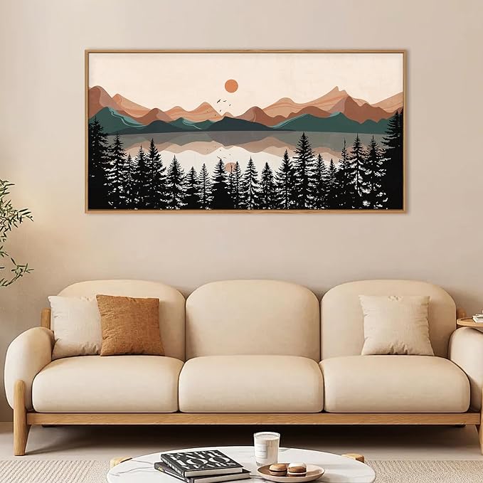 KAIRNE Boho Mountain Sunset Framed Canvas Wall Art Set,Colorful Mid Century Forest Wall Decor,Beige Nature Pine Tree Art Prints,Abstract Modern Landscape Artwork for Living Room,Bedroom,Farmhouse,Office-40"x20"x1