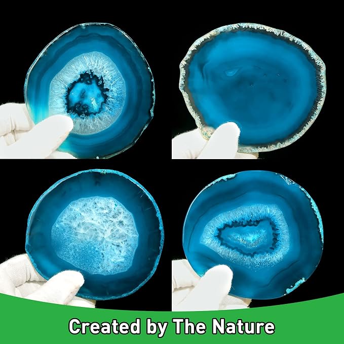 Natural Blue Agate Coasters for Drinks Set of 4 | Natural Stone Coasters 3.5-4", Decorative Gemstone Coasters for Coffee Table, Bar or Desk, Housewarming Gift for Friends