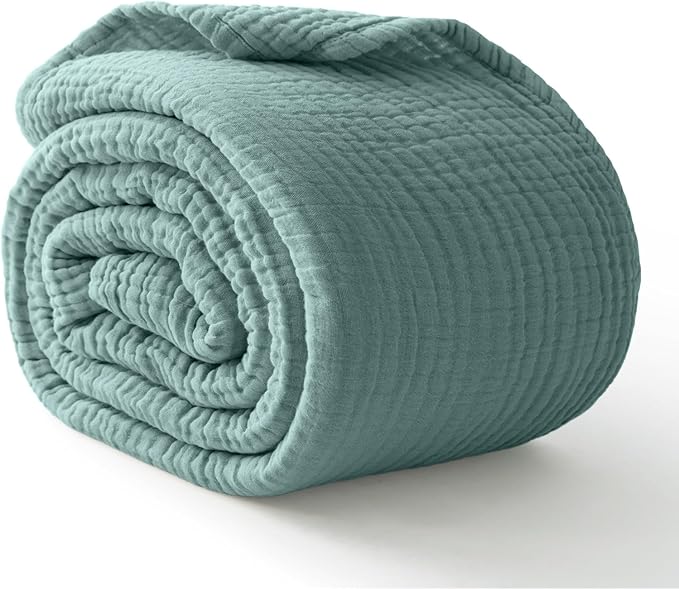 100% Cotton Muslin Blanket Twin 60" x 80", Breathable and Lightweight Cotton Twin Blankets for Couch, Soft Cooling Summer Gauze Blanket for Adults All Season, Teal Blue