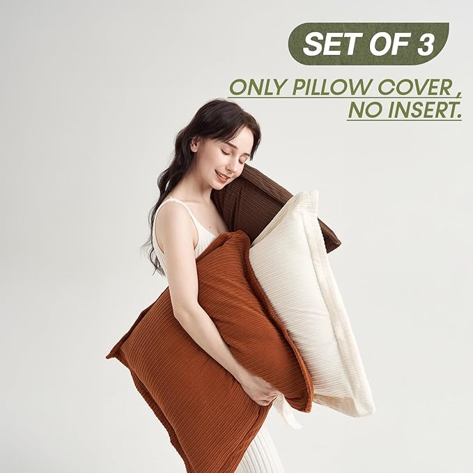 COCO TOP Set of 3 Super Soft Striped Corduroy Throw Pillow Covers 20x20inch, Decorative Boho Square Pillow Covers for Sofa Couch Aesthetic Decor Bedroom Living Room (Earthy Brown, Rust & Cream)