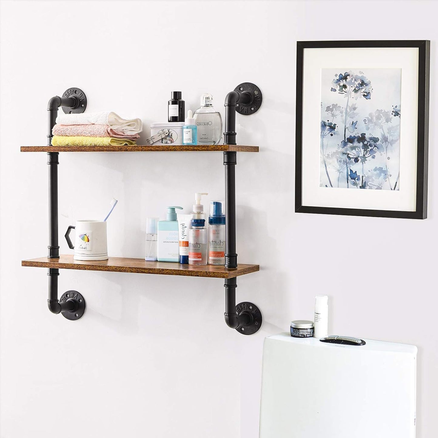 IBUYKE 26" Pipe Floating Shelves,2-Tiers Industrial Pipe Shelves, Rustic Wall Mount Bookshelf,Metal Bracket Storage Wall Shelf for Bedroom, Kitchen, Living Room, Bathroom RF-TM004