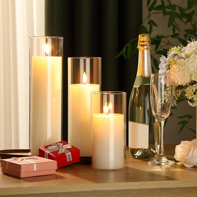 Shihanee Set of 6 Pillar Candles with Glass Cylinder Vases Clear Cylinder Hurricane Candleholders for Slim Tall Pillar Candles Wedding Table Centerpieces(3.4'' X 7", 9.8", 11.8",White)