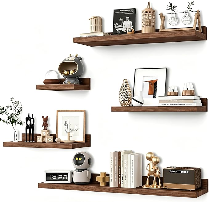 Yongscess Floating Shelves for Wall Set of 5, Floating Shelves Bathroom,30 in Natural Wood Book Shelf for Wall Mounted,Home Decor Display Shelf,Storage Shelves for Living Room,Bedroom,Kitchen(Walnut)