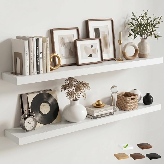 55 Inch Floating Shelves for Wall, 8"D Wood Storage Shelves, White Finish | Engineered Wood, Invisible Bracket, Large Storage, Easy Install, Hold Up to 88lbs, Living Room, Bathroom, Bedroom, Kitchen