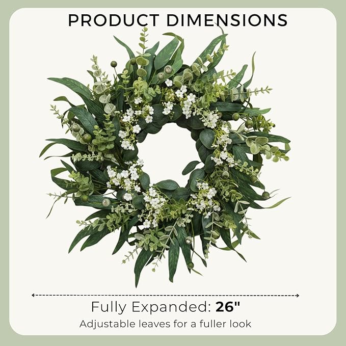 26" Eucalyptus Wreath for Front Door, Full Greenery Wreath with Baby’s Breath, Farmhouse Door Wreath, Year Round Spring Summer Wreath, Indoor Outdoor Home Decor