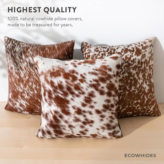 ecowhides 100% Genuine Brazilian Cowhide Pillow Cover – Brown Salt and Pepper – Single-Sided – Luxury Leather Decorative Cushion for Rustic & Western Home Décor – 15” x 15”