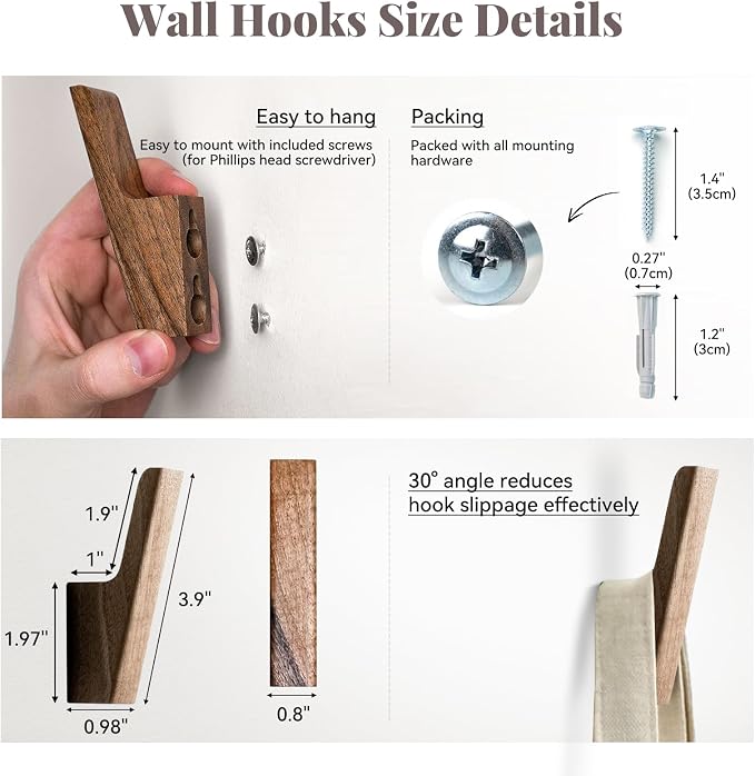 4-Pack Solid Walnut Wall Hooks, Coat & Entryway Hooks for Bathroom/Kitchen, Wall-Mounted with Screws, Anchors & Template, Holds Coats, Backpacks, Towels, Aprons (22 lb Each)