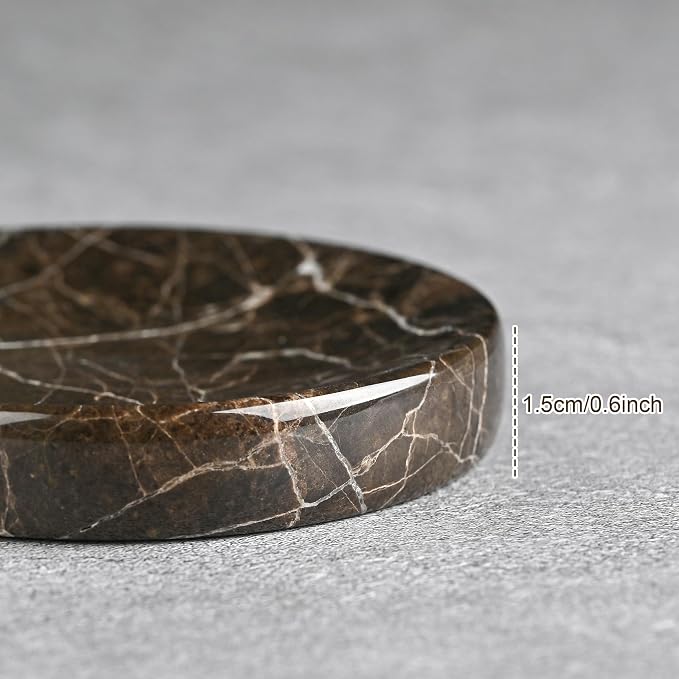 Emperador Dark Marble Jewelry Dish 4”, Brown Natural Stone Trinket Tray for Rings Earrings Bracelets, Round Marble Soap Dish for Bathroom Kitchen, Classic Decorative Catchall for Home & Tabletop