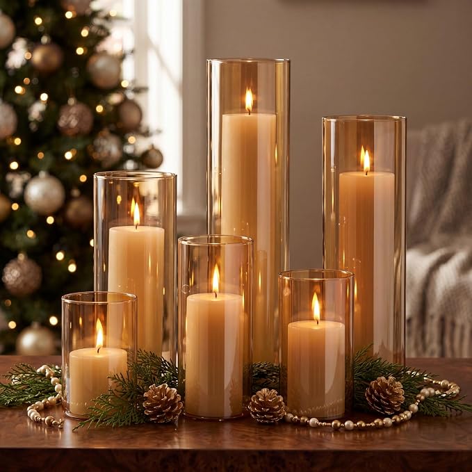 Shihanee Set of 6 Pillar Candles and Glass Cylinder Vases Assorted Sizes Cylinder Holders for Pillar Candles Home Table Centerpieces Wedding Party Decorations (Ivory，Amber)