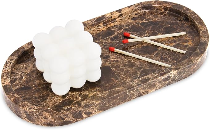 Oval Marble Bathroom Vanity Tray, Natural Luxury Marble Home Kitchen Bathroom Table Tray, Stone Decorative Countertop Tray for Coffee Perfume Jewelry (Dark Brown, 10" x 5" x 0.6")