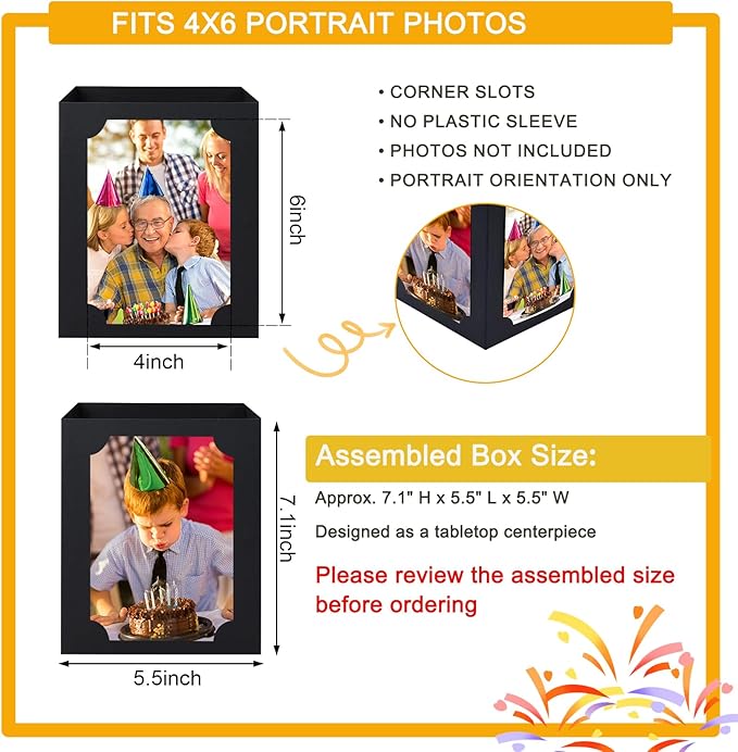 12 Pcs Picture Centerpieces for Table - 6 Inch Photo Display Frame & Hollow Picture Props Box for Congrats Grad Decor, Wedding, Birthday Party Table Decoration (Black)