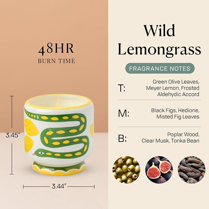 Paddywax Scented Candles Dopo Hand-Painted Ceramic Luxury Artisan Candle, 8-Ounce, Snake - Wild Lemongrass