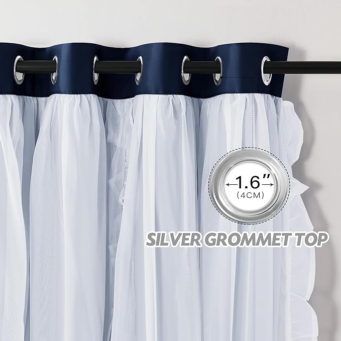 PONY DANCE Blackout Curtains for Living Room Decor Window Treatment Double Layer Drapes Ruffle Sheer Overlay Farmhouse Rustic Design, W 52 x L 84 Inches, Navy Blue, 2 Panels