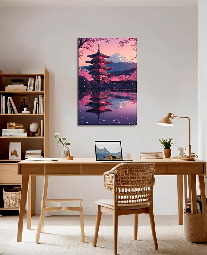 Japanese Wall Art Asian Landscape Canvas Prints Cherry Tree Mount Fuji Picture Nature Painting Pink Prints for Living Room Bedroom Modern Home Office Decor Framed(Art-4,24.00x36.00 inch)