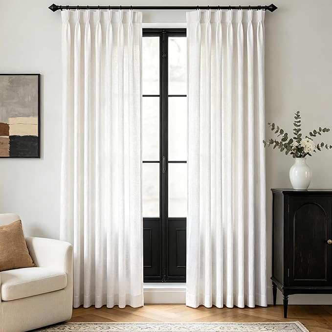 90 Inch Long Pleated Linen Curtains 2 Panel Set for Living Room Natural Beige White Triple Pinch Pleat Drapes Memory Trained Light Filtering Ceiling Floor Length Curtains Neutral Farmhouse Decor