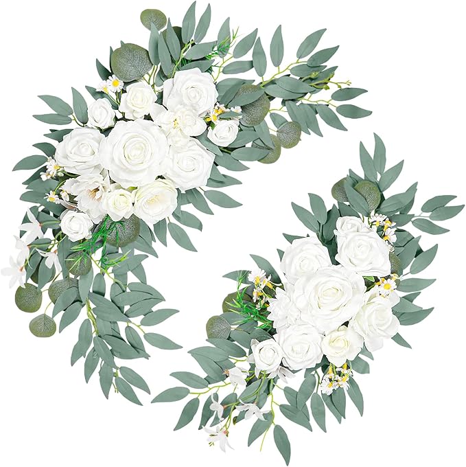Wedding Arch Faux Flowers Set of 2, Wedding Welcome Signs Greenery Garland Decoration for Ceremony, Reception, Backdrop (White)