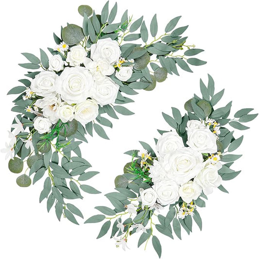 Wedding Arch Faux Flowers Set of 2, Wedding Welcome Signs Greenery Garland Decoration for Ceremony, Reception, Backdrop (White)
