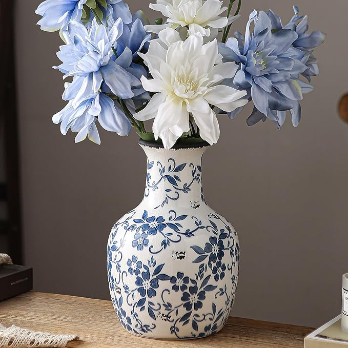SURE YUESI Blue and White Flower Vase Vintage Chinoiserie Floral Ceramic Vase Handcrafted Round Flower Vase for Home Decor Centerpieces Living Room, Bookshelf, Office Rustic Table Centerpiece 9 in