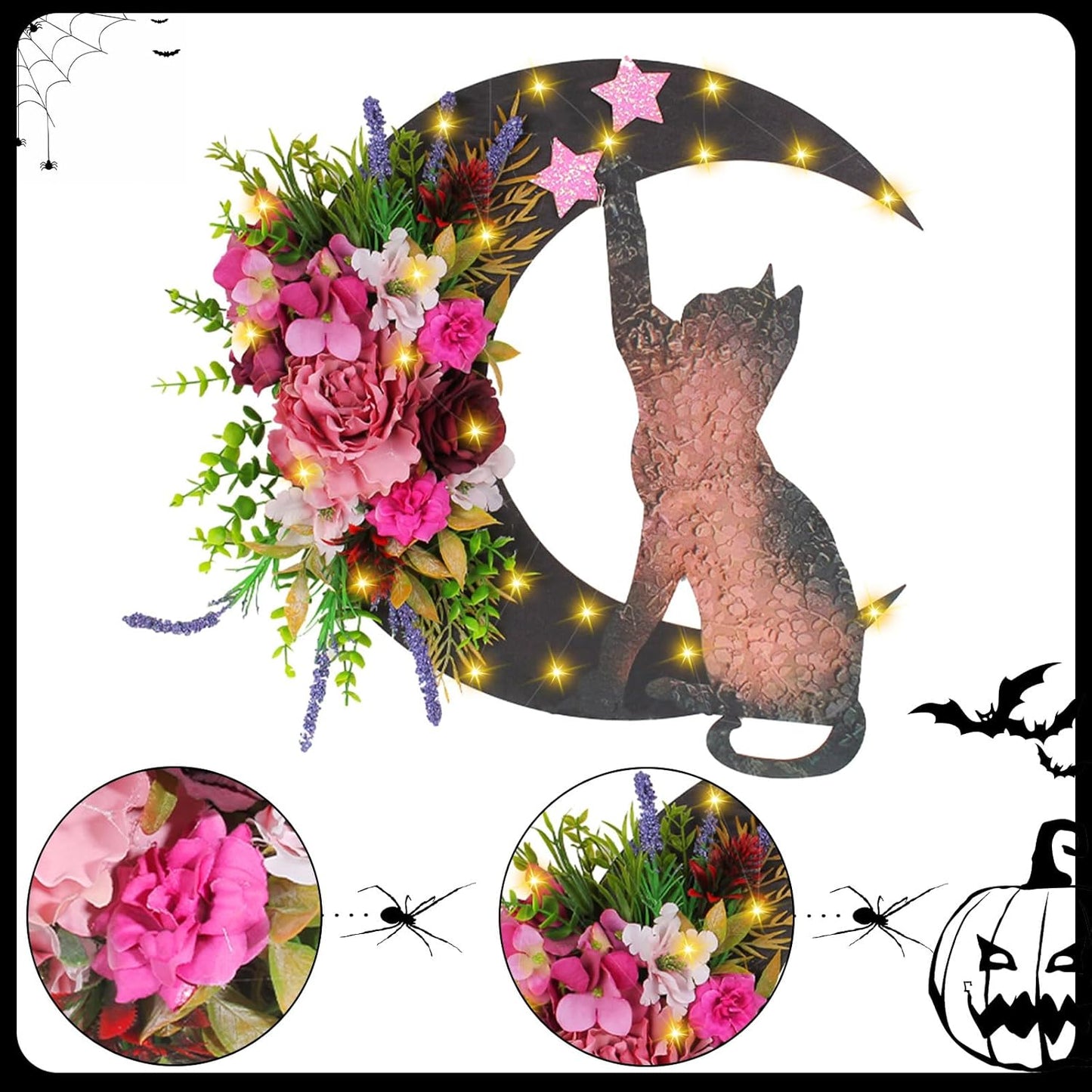 Halloween Wreaths for Front Door with Light, Black Cat Crescent Moon Wreath, Cute Cat Garland Halloween Door Decorations for Outdoor Indoor Decor Wall Window Home Party