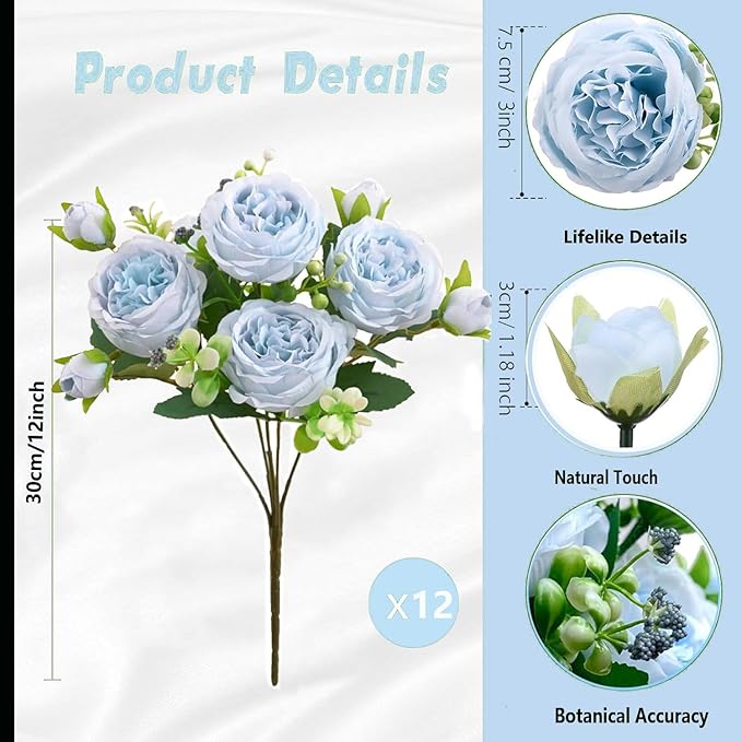 Peonies Artificial Flowers 12 Bundles Pink Flowers Bouquet, Lifelike Silk Fake Peonies with Stems for Home Table Centerpieces, Wedding, Party & DIY Bridal Floral Arrangements (Blue)