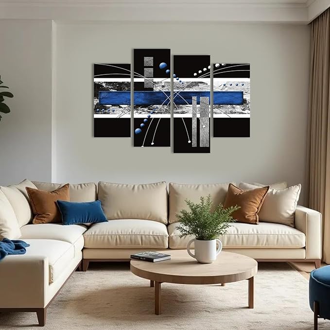 Modern Abstract Canvas Wall Art: Black and Blue Wall Decor - Grey White Decoration for Home Office, 4 Panels Poster Decorative Framed Print for Living Room Bedroom Ready to Hang