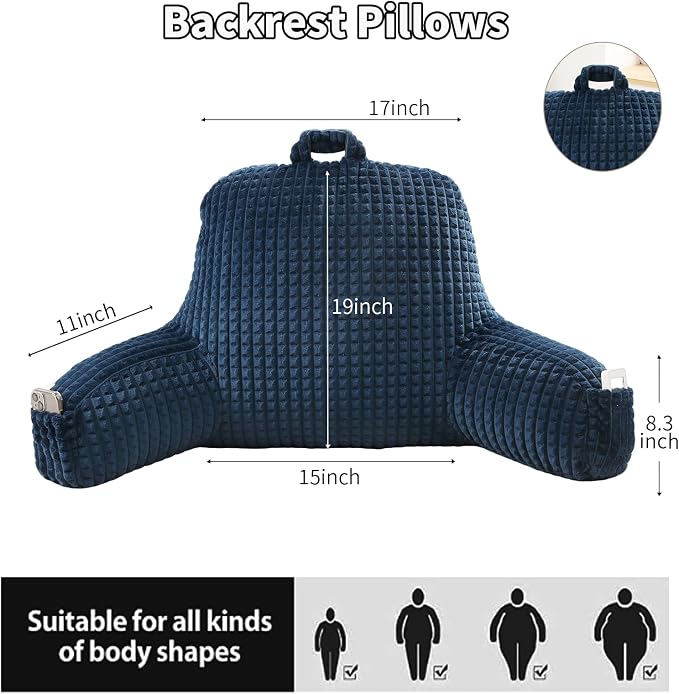 Reading Pillow with Arms for Bed Sitting,Blue Flannel | Large Supportive Backrest with Arms Helps Ease Neck,Shoulder & Arm Strain While Gaming Reading or Watching TV