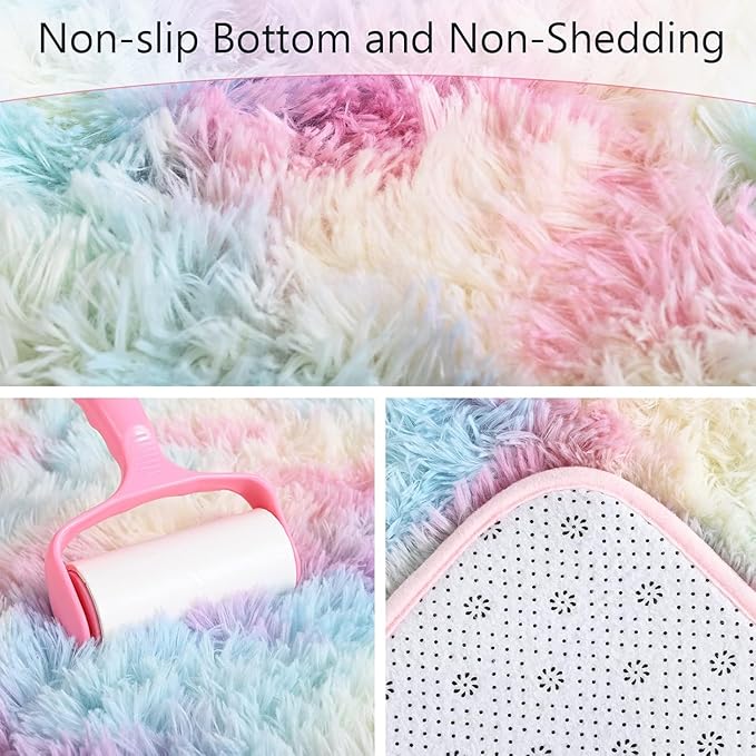 AROGAN 8x10 Feet Soft Rainbow Area Rugs for Kids Girls Room, Fluffy Cute Colorful Princess Carpet for Kids Teens Nursery Toddler,Bedroom, Pink