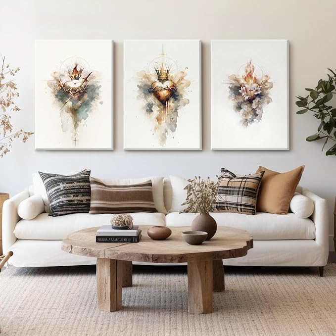 Jesus Canvas Wall Art Sacred heart of Jesus Pictures Christian Wall Decor Catholic Poster Religious Wall Art Heart of Mary and Joseph Painting Divine Mercy Prints for Bedroom 12x16 Inch Ready to Hang