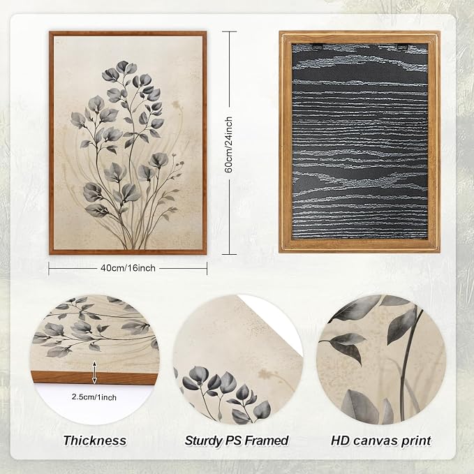 LHIUEM Vintage Flower Framed Canvas Wall Art,Boho Botanical Wall Decor,Rustic Beige Floral Painting,Nature Wildflower Artwork for Living Room,Bedroom,Dining Room,Farmhouse -16"x24"x3