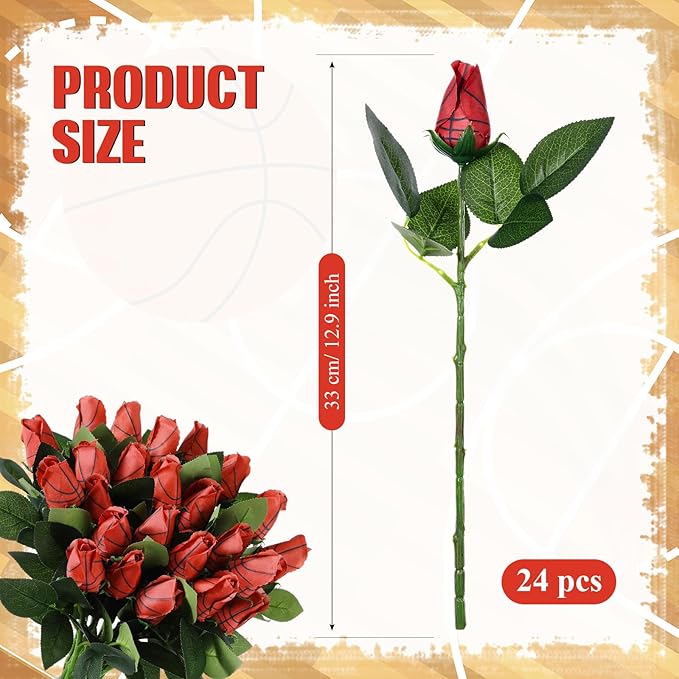 Suhine 24 Pcs Artificial Basketball Rose Flowers Sports Party Favors Bulk for Birthday Graduation Wedding Party Decoration Table Centerpieces Mom Team Coach Senior Night Gift(Basketball Color, Normal)