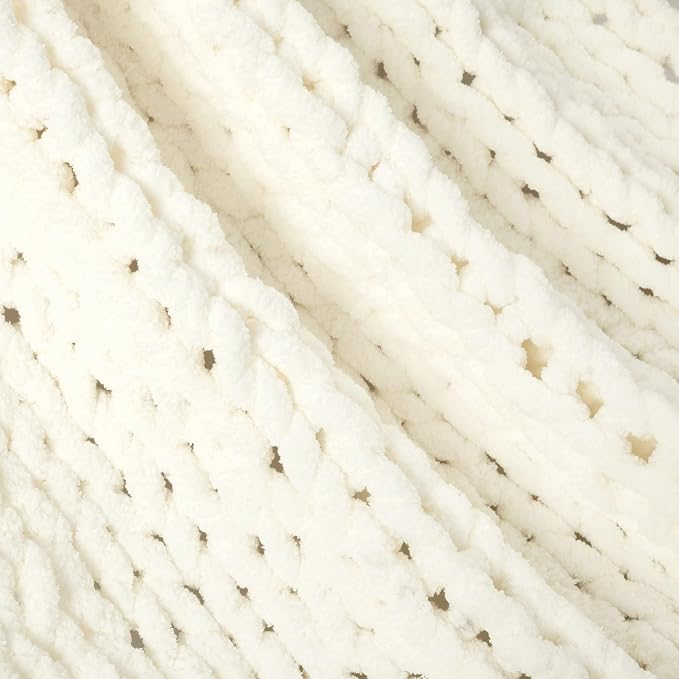 Lush Decor Hygge Ultra Soft Cozy Chenille Chunky Knit Throw Blanket Single 40" W x 50" L Ivory - Cream Throw Blankets for Bed - Cozy Couch Blanket