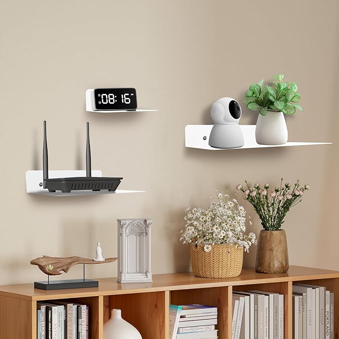 Steel Floating Shelves for Wall,Small Wall Shelf，Suitable for Bedroom, Living Room, Bathroom, Kitchen, Office (White, 2Pack 9.06x6.89 in)