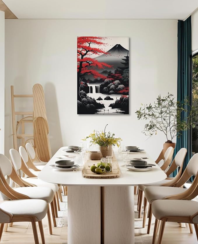 KPLUNDO Japanese Wall Art Asian Landscape Canvas Prints Red and Black Cherry Blossom Trees Picture Vintage Painting for Bathroom Living Room Bedroom Home Wall Decor(Art-2,24.00x36.00 inch)