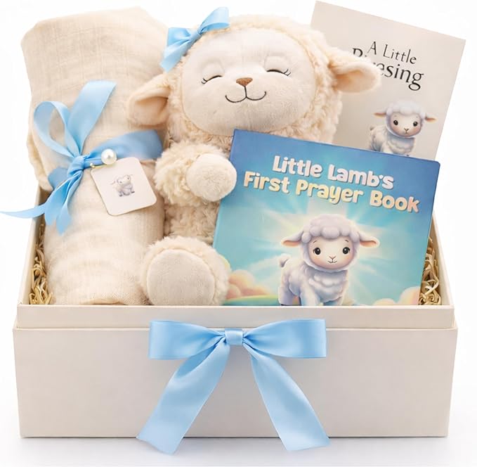 Baptism Gift for Boy Baptism Set with 10" Praying Lamb Plush Toy with Blue Bow, Bamboo Muslin Blanket & First Prayer Book, Ready to Gift Keepsake Box