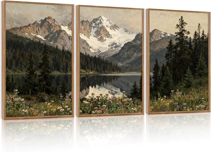 TOARTi Large Framed Snowy Mountain Forest Canvas Wall Art Set,Woodland Forest Lake Landscape Wall Decor,Modern Natural Green Wildflower Art Prints for Farmhouse Living Room Bedroom Office-16”x24”x3
