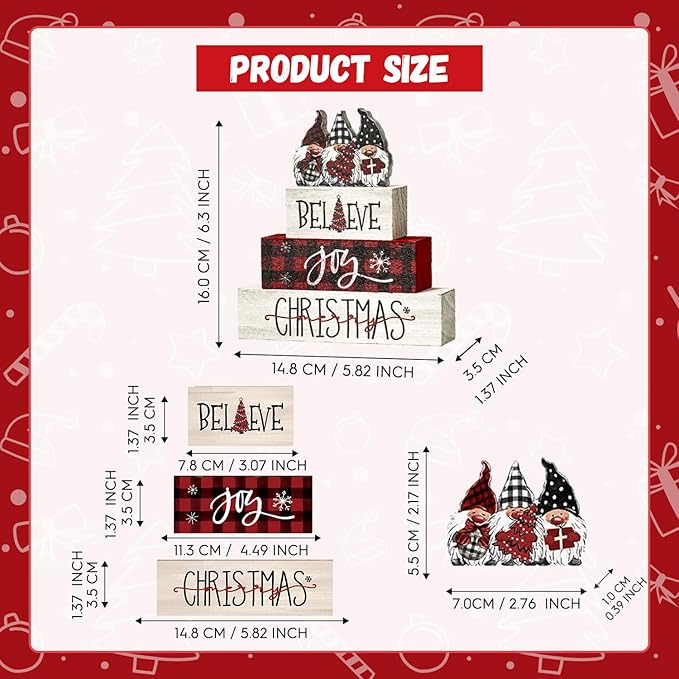Smile 4 Pcs Christmas Indoor Decoration Wooden Sign, Tabletop Decor Gnome Believe Joy Christmas, Ornaments for Home Shelf Mantel Fireplace.