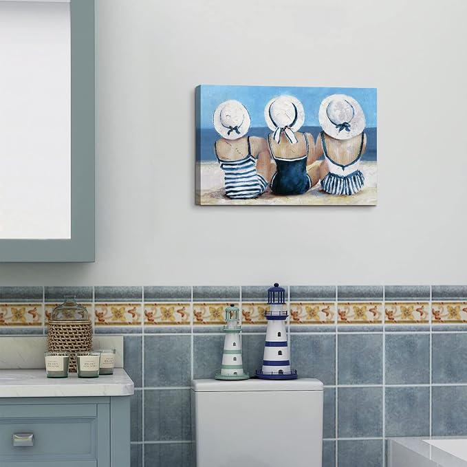 Coastal Beach Wall Art Bathroom Wall Decor Nautical Themed Swimsuit Girl Painting Teen Girls Bedroom Decor Retro Vintage Blue Ocean Poster Beauty Picture Beachy Room Artwork Home Decorations 12x16”