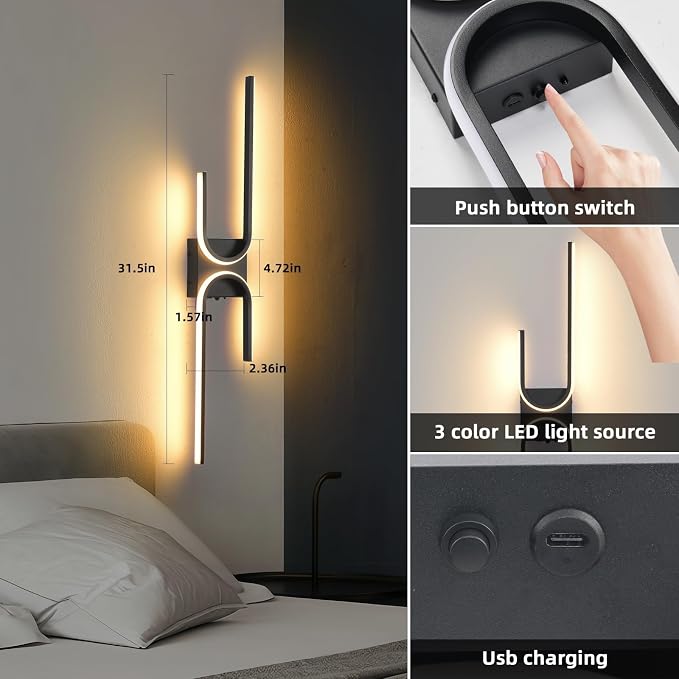 Battery Operated Wall Sconce with Remote Control, USB Rechargeable Wireless Wall Sconce Set of 2, LED Dimmable Wall lamp, 3 Color/Timer/Memory, Black Wall lights for Bedroom Living Room, 31.5 "