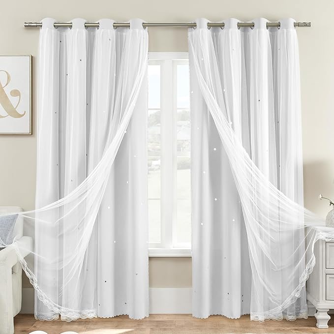 XiDi White Curtains for Girls Bedroom 84 Inches Long Blackout Nursery Curtains Double Layer with Sheer Overlay for Kids Toddler Princess Room Grommet Privacy Room Darkening Window Drapes 52x84 Inches