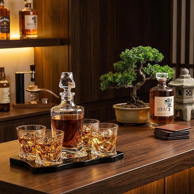 Ember Japanese Crystal Whisky Decanter Set with 4 Tumbler Glasses, Lead-Free Liquor Carafe & 10oz Rocks Glasses - Scotch Bourbon, Spirits & Wood Base Elegant Barware Gift for Men, Japan Design Gifts