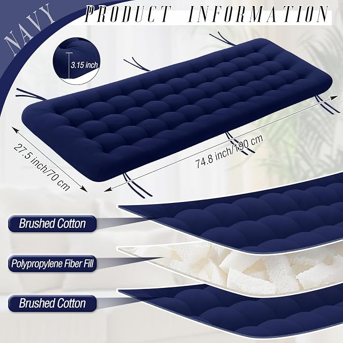 Vercraft Long Floor Cushion Large Floor Cushion with Brushed Cotton 74.8 x 27.5 x 3.15 in Jumbo Lounger Pillow for Outdoor Indoor Bay Window Meditation Yoga Reading Sleeping(1 Pc,Navy Blue)